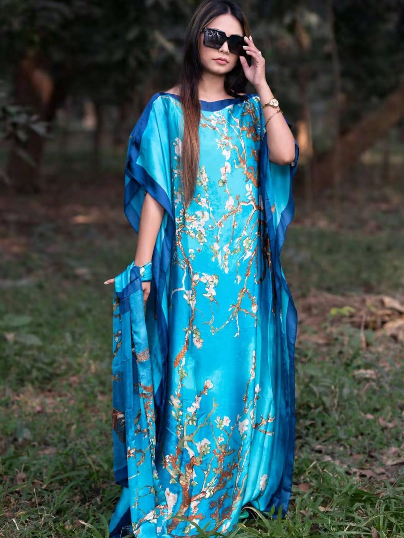 Blue Silk-Like Casual Robe Vacation Kaftan with Scarve