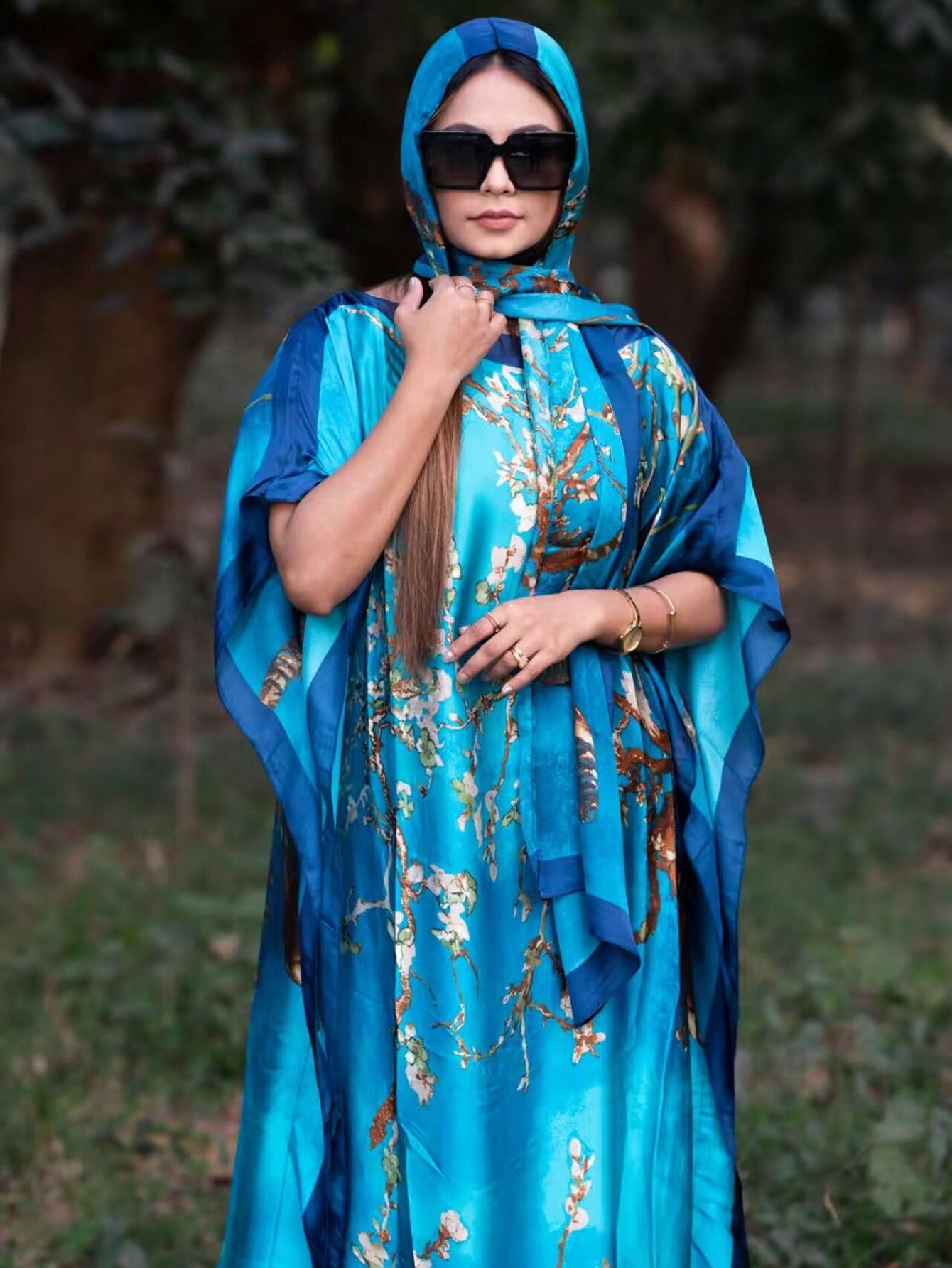 Blue Silk-Like Casual Robe Vacation Kaftan with Scarve