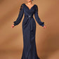 Navy Blue V-Neck Sheer Long Sleeve Ruched Fishtail Evening Dress