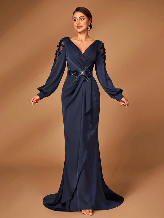 Navy Blue V-Neck Sheer Long Sleeve Ruched Fishtail Evening Dress