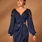 Navy Blue V-Neck Sheer Long Sleeve Ruched Fishtail Evening Dress