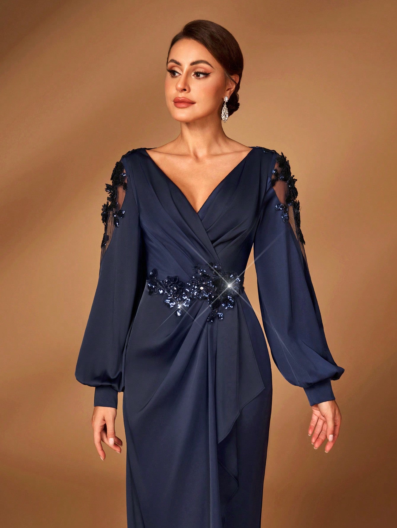 Navy Blue V-Neck Sheer Long Sleeve Ruched Fishtail Evening Dress