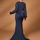 Navy Blue V-Neck Sheer Long Sleeve Ruched Fishtail Evening Dress