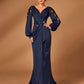 Navy Blue V-Neck Sheer Long Sleeve Ruched Fishtail Evening Dress