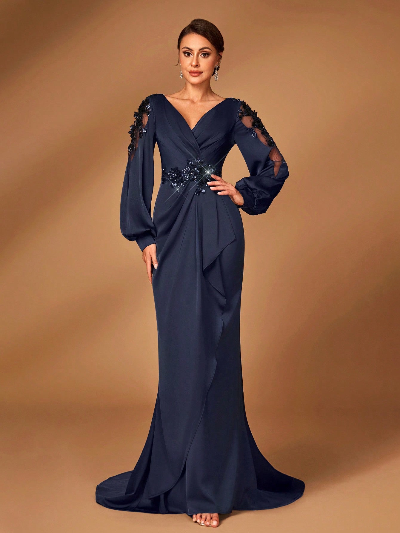 Navy Blue V-Neck Sheer Long Sleeve Ruched Fishtail Evening Dress