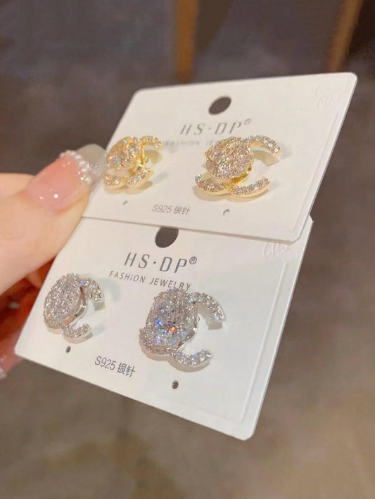 Rhinestone CC Monogram Geometric 925 Sterling Silver Stud Earrings