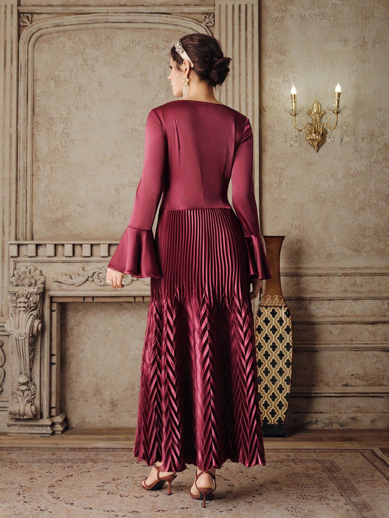 Elegant Wine Red Lace Trim Ruffle Flare Sleeve Formal Dress