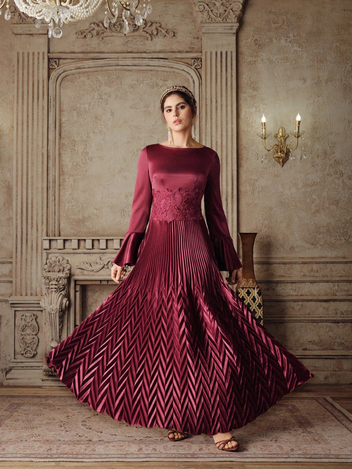 Elegant Wine Red Lace Trim Ruffle Flare Sleeve Formal Dress