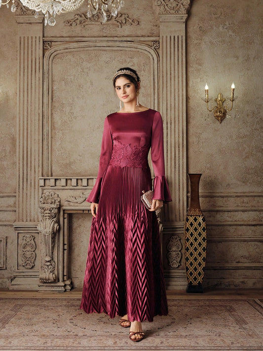 Elegant Wine Red Lace Trim Ruffle Flare Sleeve Formal Dress