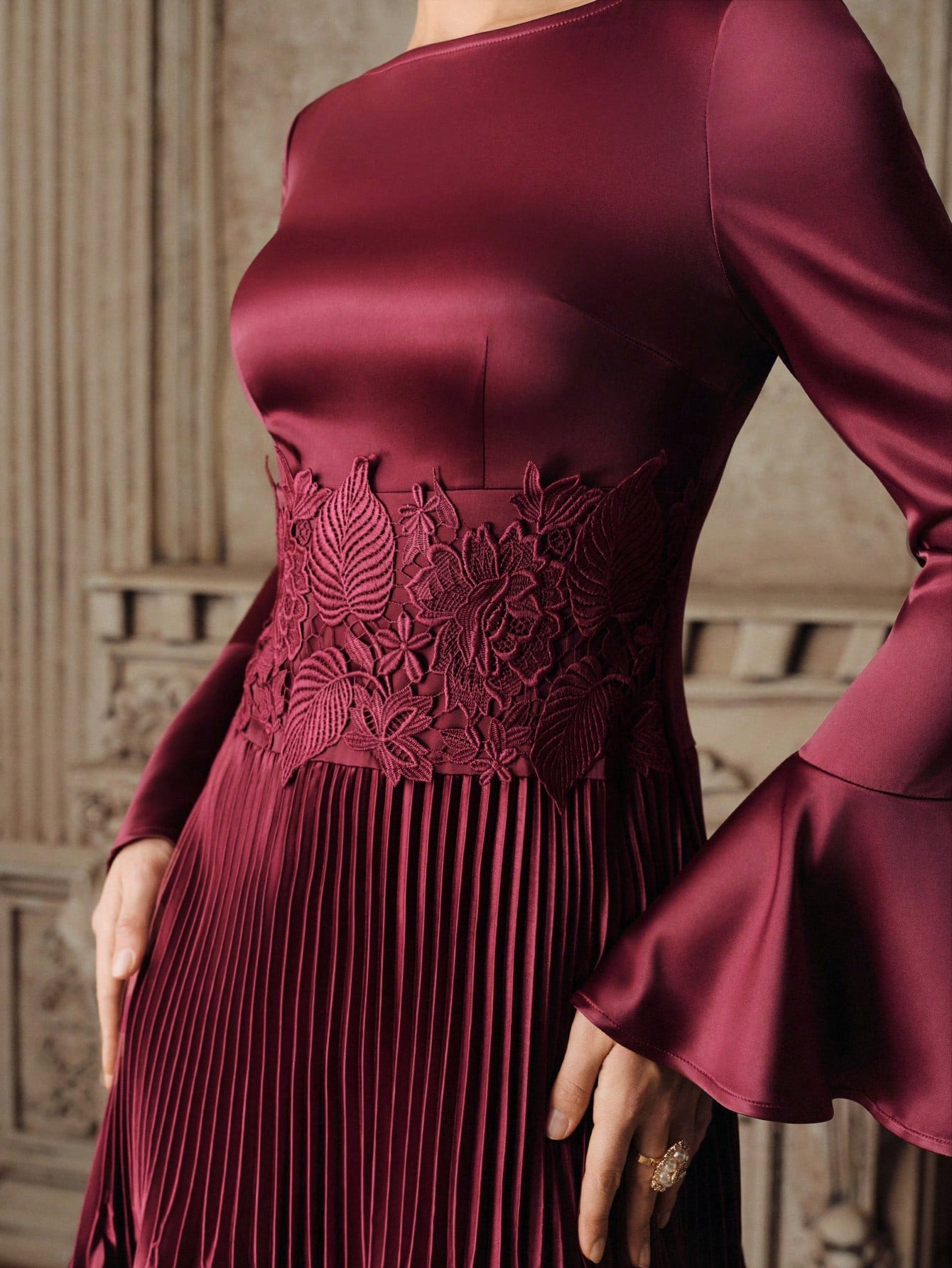 Elegant Wine Red Lace Trim Ruffle Flare Sleeve Formal Dress
