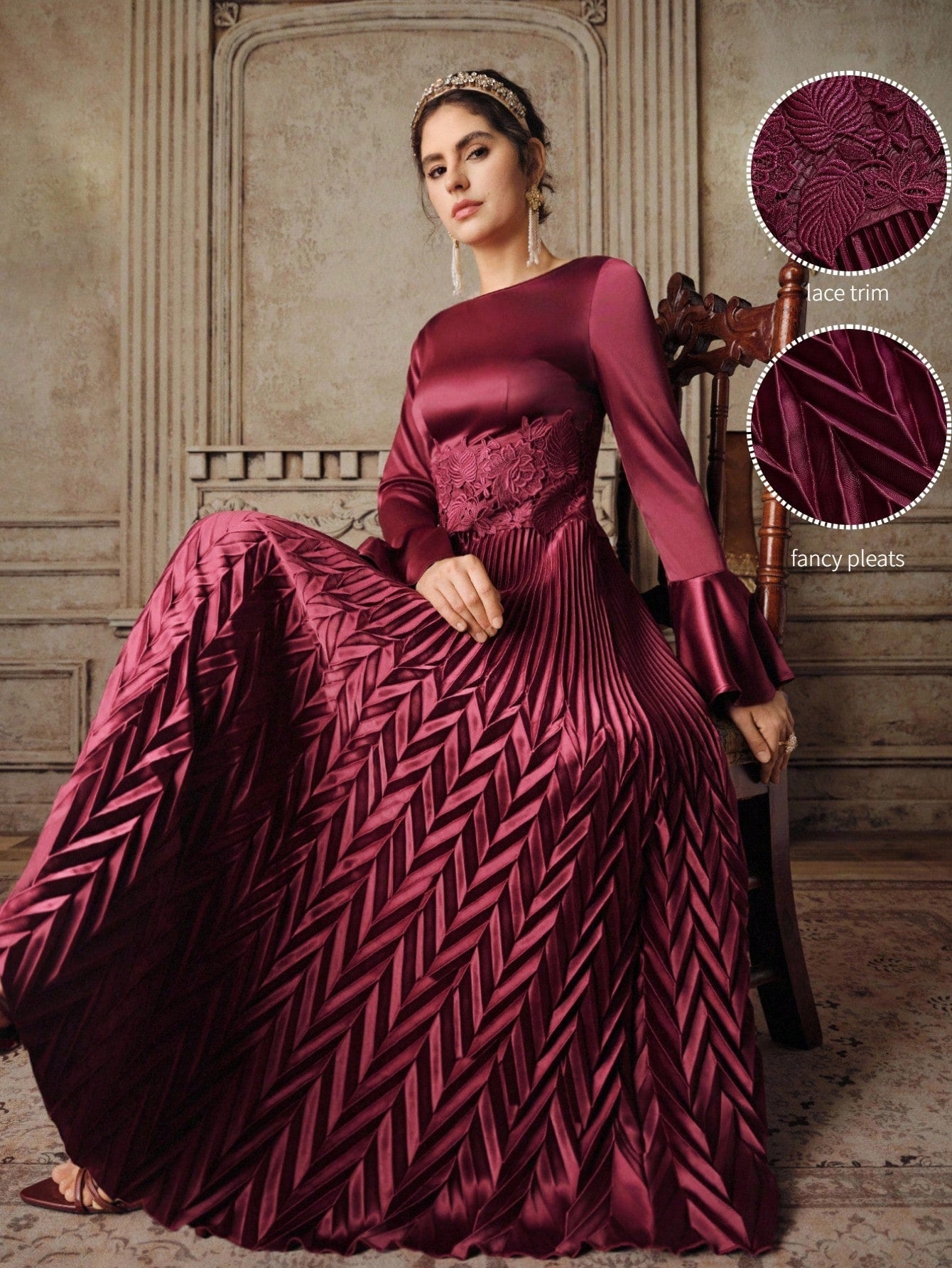Elegant Wine Red Lace Trim Ruffle Flare Sleeve Formal Dress