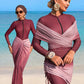 4-Piece Set: One-Piece Solid Color Zipper Jumpsuit With Pants, Paired With Ombre Print Drawstring Skirt And Ombre Mesh Shawl, Burkini Swimwear