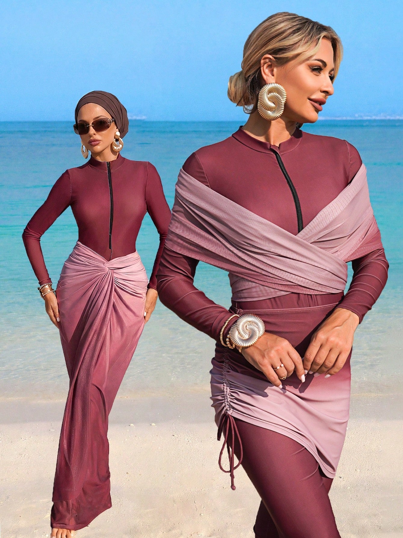 4-Piece Set: One-Piece Solid Color Zipper Jumpsuit With Pants, Paired With Ombre Print Drawstring Skirt And Ombre Mesh Shawl, Burkini Swimwear