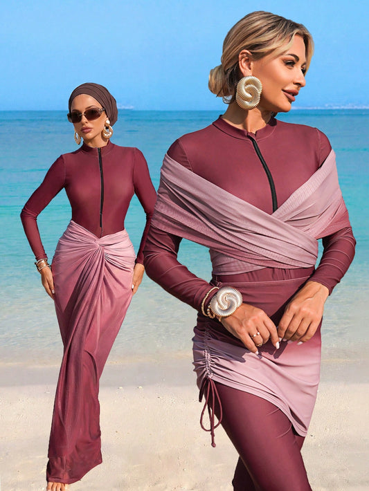 4-Piece Set: One-Piece Solid Color Zipper Jumpsuit With Pants, Paired With Ombre Print Drawstring Skirt And Ombre Mesh Shawl, Burkini Swimwear
