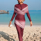4-Piece Set: One-Piece Solid Color Zipper Jumpsuit With Pants, Paired With Ombre Print Drawstring Skirt And Ombre Mesh Shawl, Burkini Swimwear