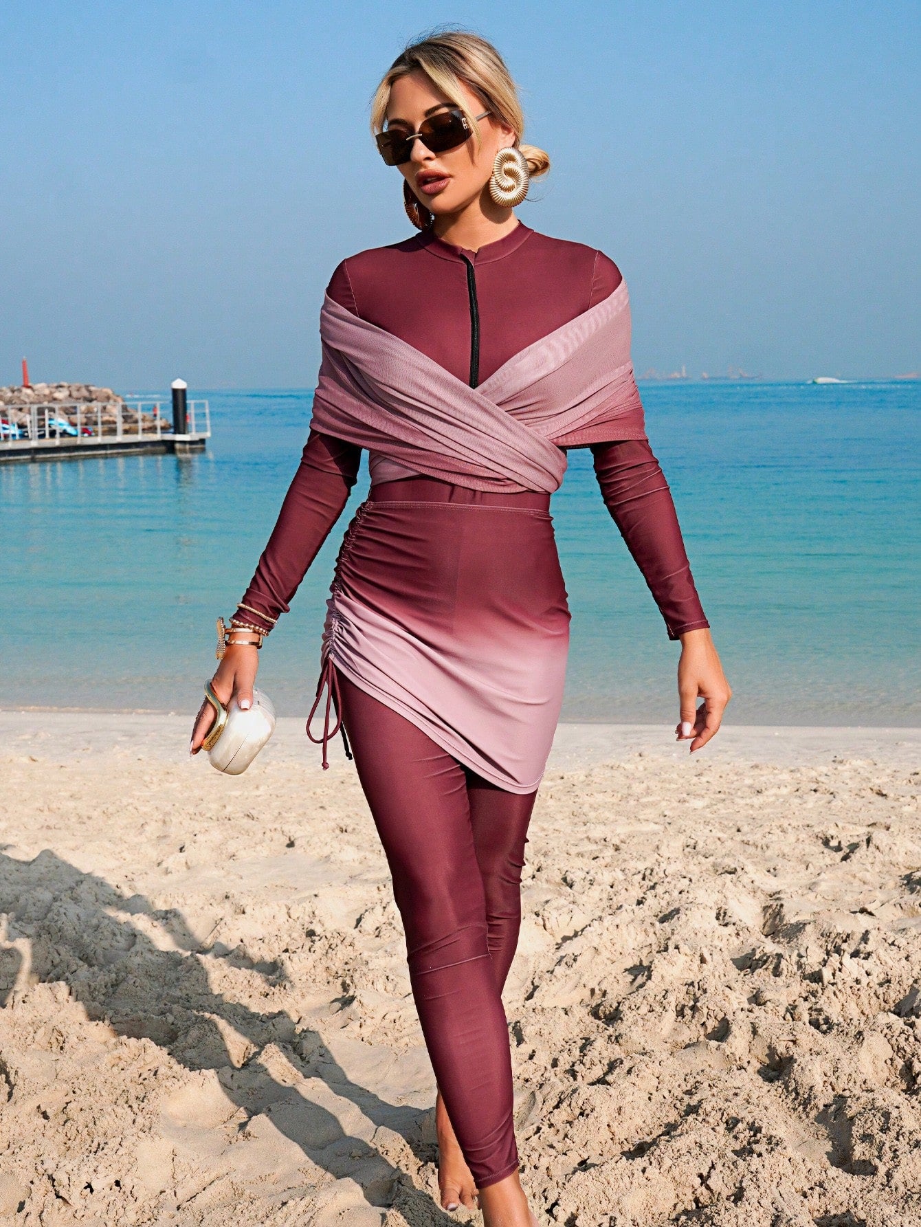 4-Piece Set: One-Piece Solid Color Zipper Jumpsuit With Pants, Paired With Ombre Print Drawstring Skirt And Ombre Mesh Shawl, Burkini Swimwear