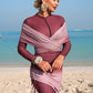 4-Piece Set: One-Piece Solid Color Zipper Jumpsuit With Pants, Paired With Ombre Print Drawstring Skirt And Ombre Mesh Shawl, Burkini Swimwear