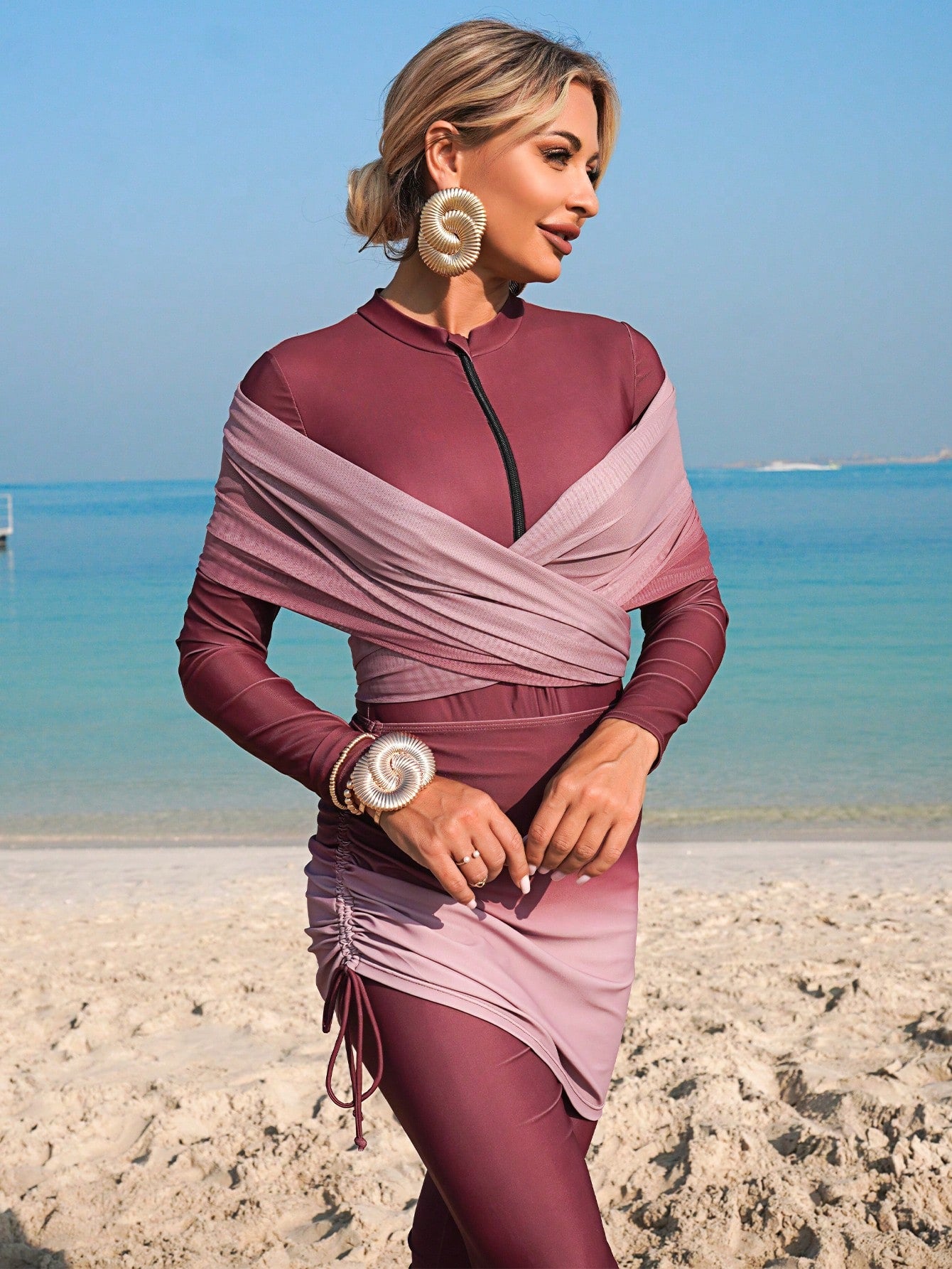 4-Piece Set: One-Piece Solid Color Zipper Jumpsuit With Pants, Paired With Ombre Print Drawstring Skirt And Ombre Mesh Shawl, Burkini Swimwear