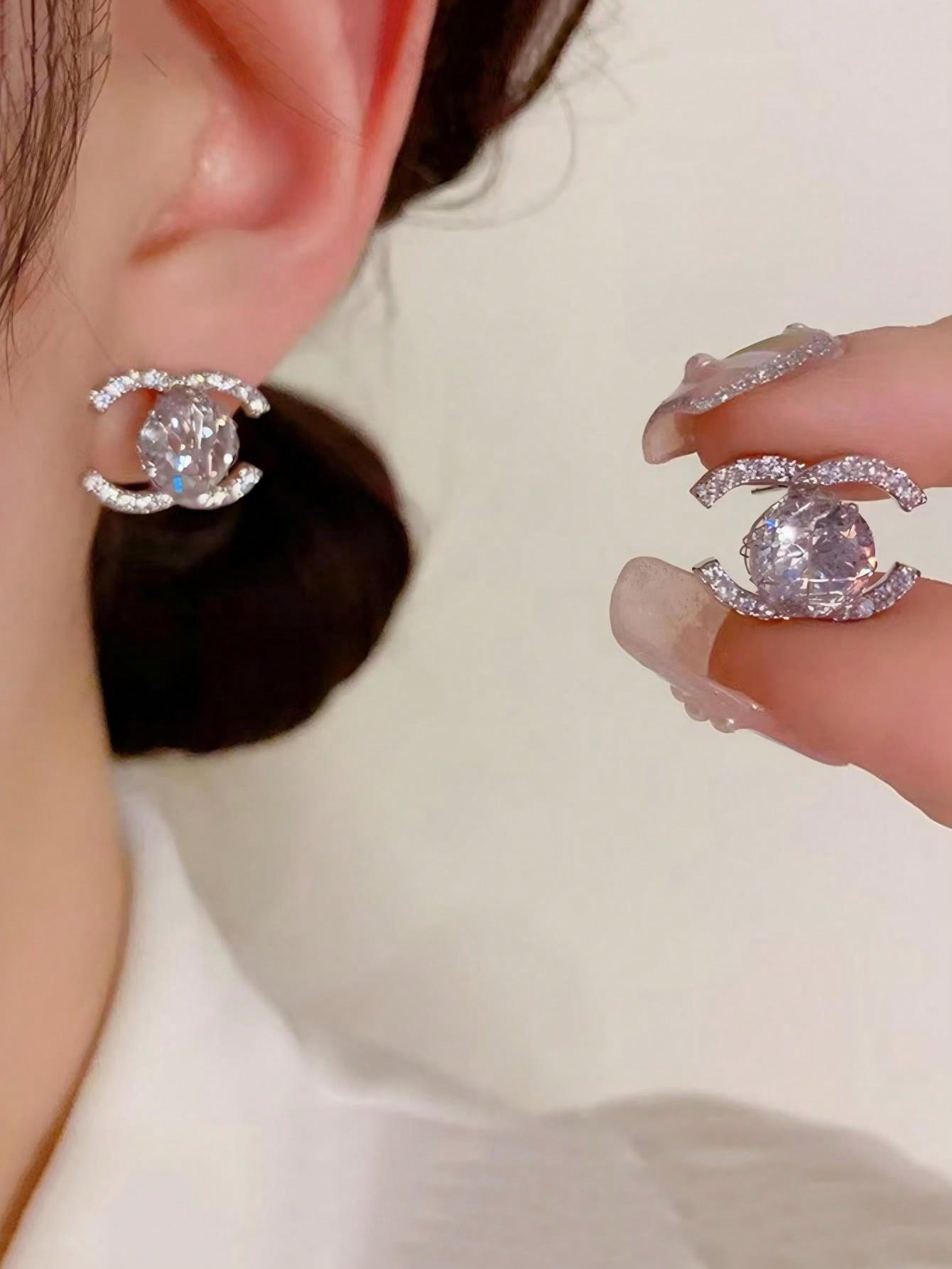 Rhinestone CC Monogram Geometric 925 Sterling Silver Stud Earrings