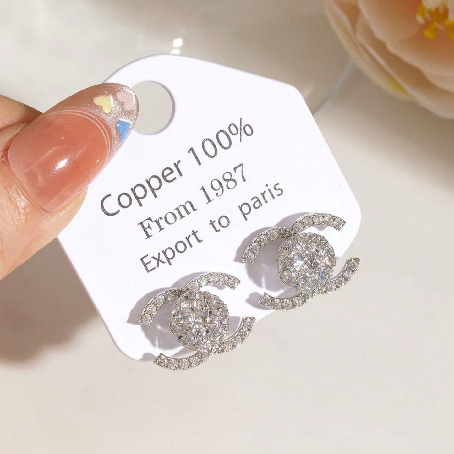 Rhinestone CC Monogram Geometric 925 Sterling Silver Stud Earrings
