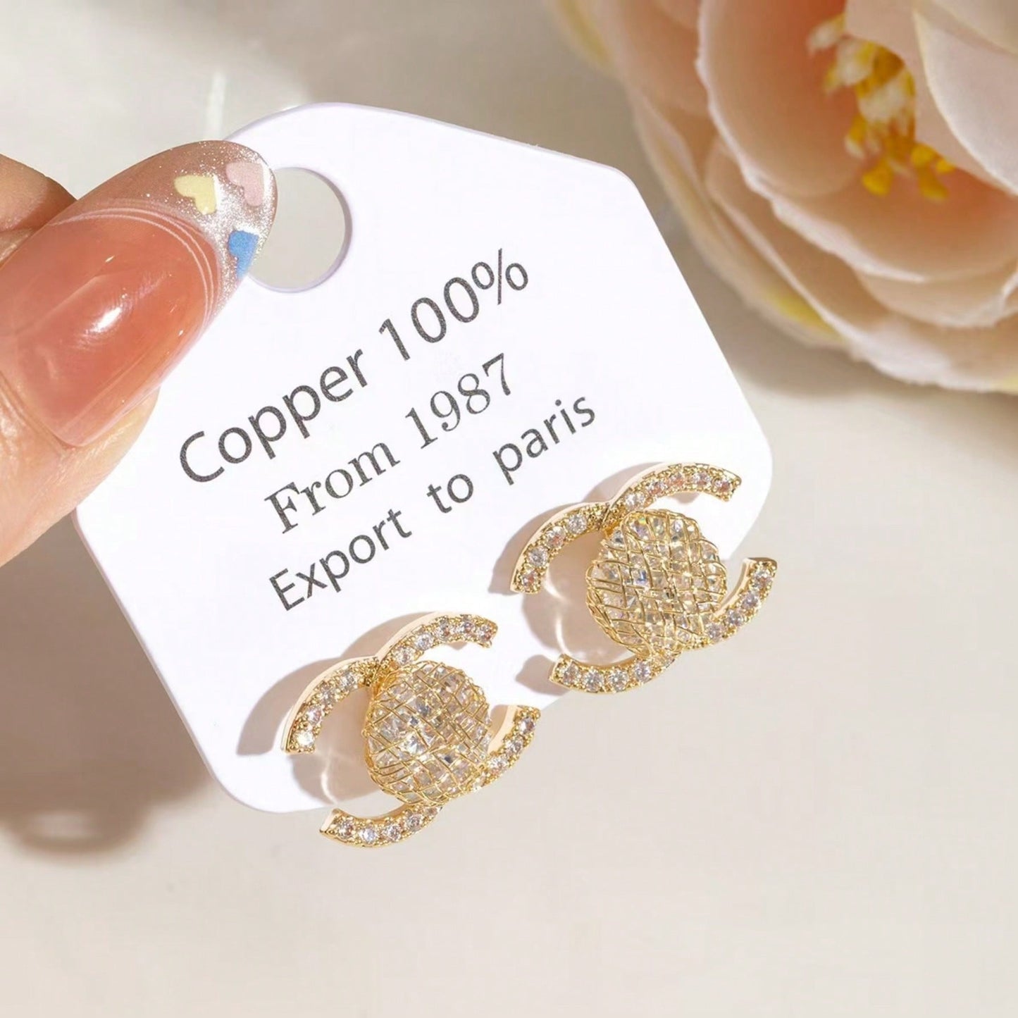 Rhinestone CC Monogram Geometric 925 Sterling Silver Stud Earrings
