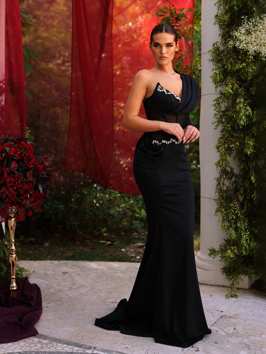 Sexy  Off-Shoulder Waist Fishbone Sheer Mermaid Evening Dress