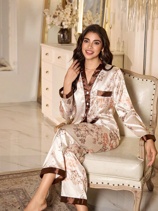 Floral Print Faux Silk V-Neck Top & Pants Pajama Set