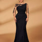 Plus Size Embroidered Lace Sheer Long Sleeve Elastic Knit Mesh Ruched Ruffle Evening Dress