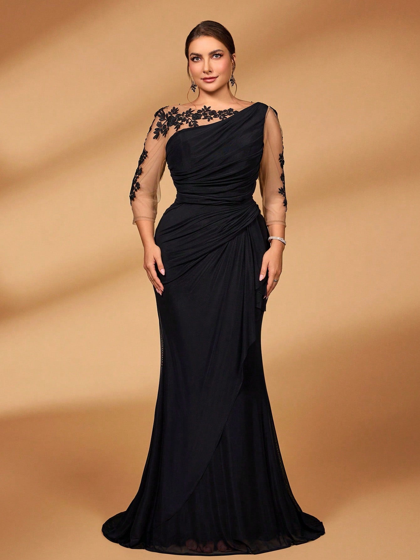 Plus Size Embroidered Lace Sheer Long Sleeve Elastic Knit Mesh Ruched Ruffle Evening Dress