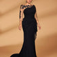 Plus Size Embroidered Lace Sheer Long Sleeve Elastic Knit Mesh Ruched Ruffle Evening Dress