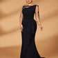 Plus Size Embroidered Lace Sheer Long Sleeve Elastic Knit Mesh Ruched Ruffle Evening Dress