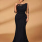 Plus Size Embroidered Lace Sheer Long Sleeve Elastic Knit Mesh Ruched Ruffle Evening Dress