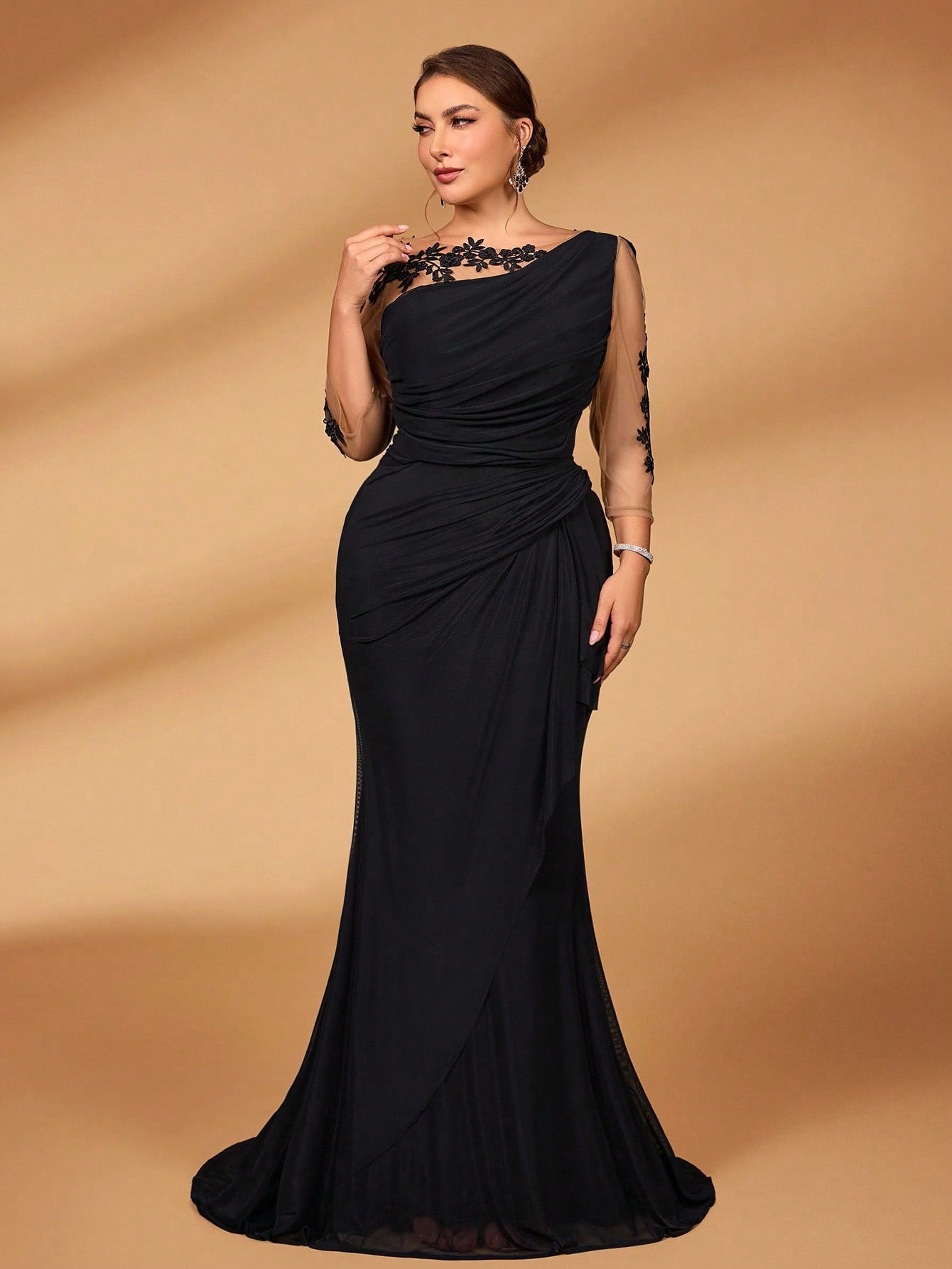 Plus Size Embroidered Lace Sheer Long Sleeve Elastic Knit Mesh Ruched Ruffle Evening Dress