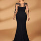 Plus Size Embroidered Lace Sheer Long Sleeve Elastic Knit Mesh Ruched Ruffle Evening Dress