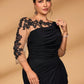 Plus Size Embroidered Lace Sheer Long Sleeve Elastic Knit Mesh Ruched Ruffle Evening Dress