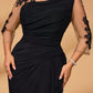 Plus Size Embroidered Lace Sheer Long Sleeve Elastic Knit Mesh Ruched Ruffle Evening Dress