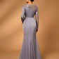 Dark Gray Lace Beaded Bright Paneled Stretch Satin Pleated Sheer Long Sleeve Mermaid Tail Evening Dress