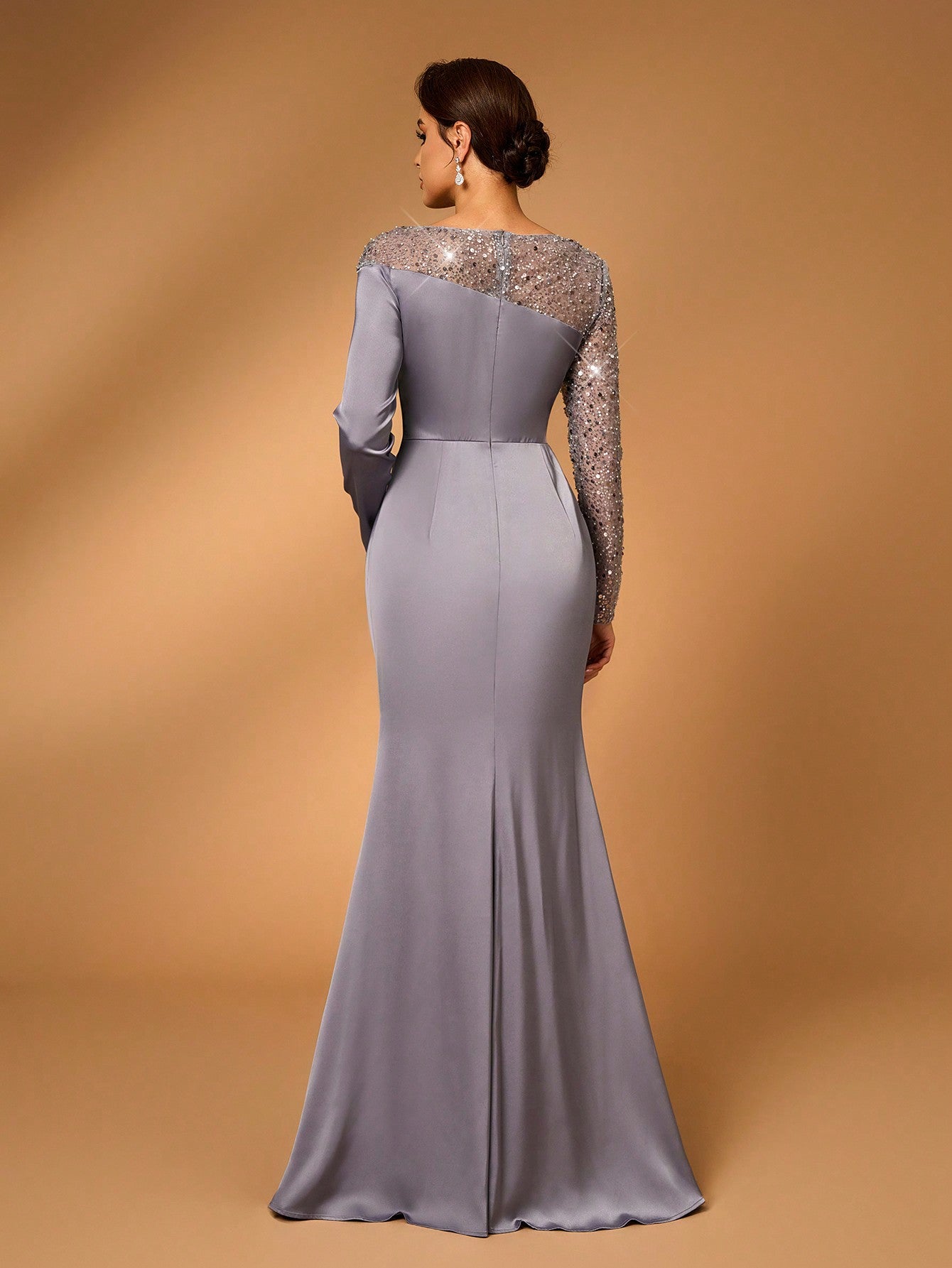 Dark Gray Lace Beaded Bright Paneled Stretch Satin Pleated Sheer Long Sleeve Mermaid Tail Evening Dress