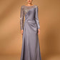 Dark Gray Lace Beaded Bright Paneled Stretch Satin Pleated Sheer Long Sleeve Mermaid Tail Evening Dress