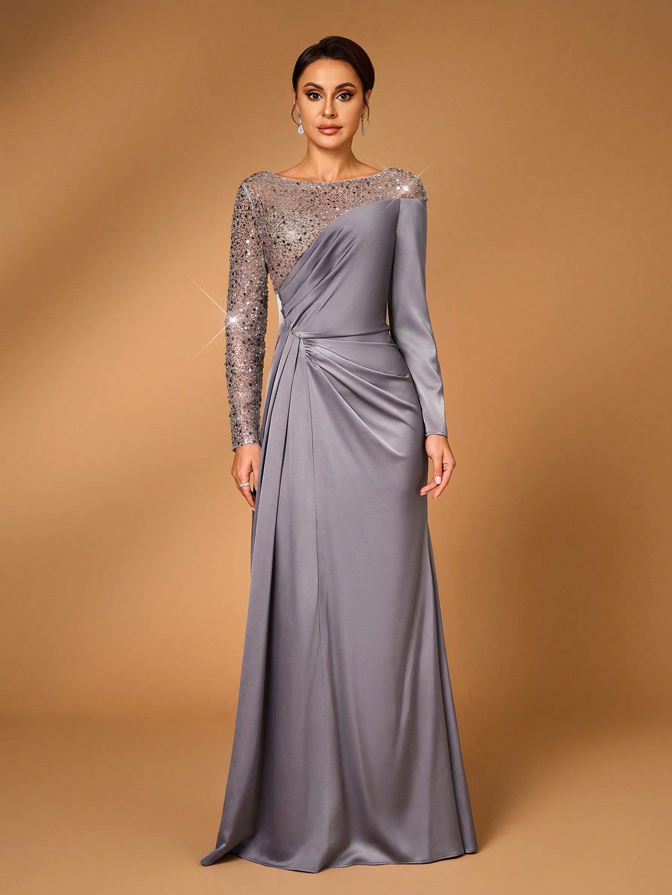 Dark Gray Lace Beaded Bright Paneled Stretch Satin Pleated Sheer Long Sleeve Mermaid Tail Evening Dress