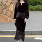 Velvet Hollow-Out Beaded Top and Lace-Patch Skirt 2pcs Set