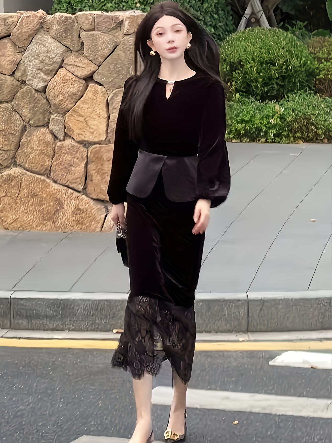 Velvet Hollow-Out Beaded Top and Lace-Patch Skirt 2pcs Set