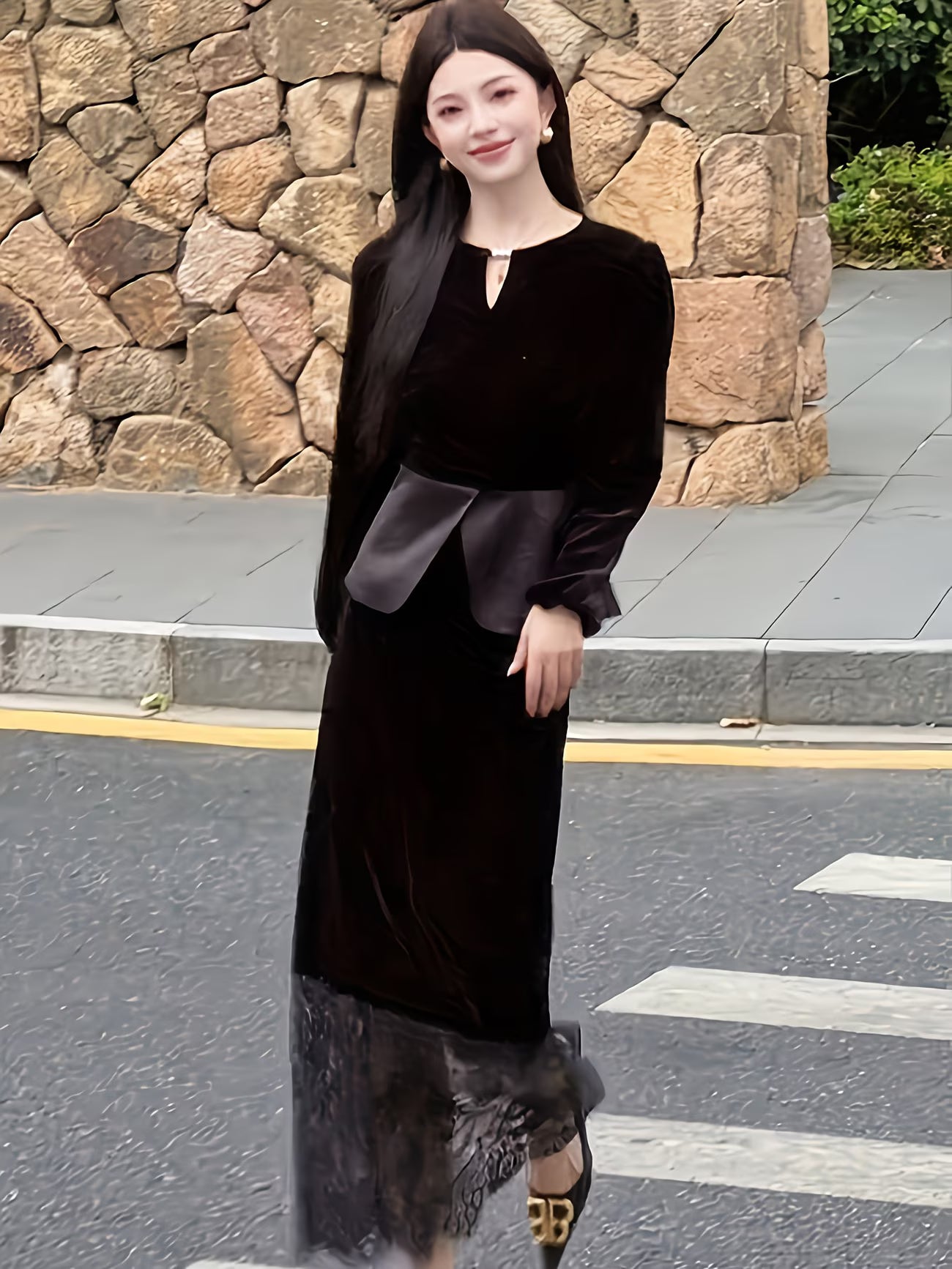 Velvet Hollow-Out Beaded Top and Lace-Patch Skirt 2pcs Set