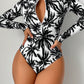 Palm Tree Print Zip Up One Piece Swimwear