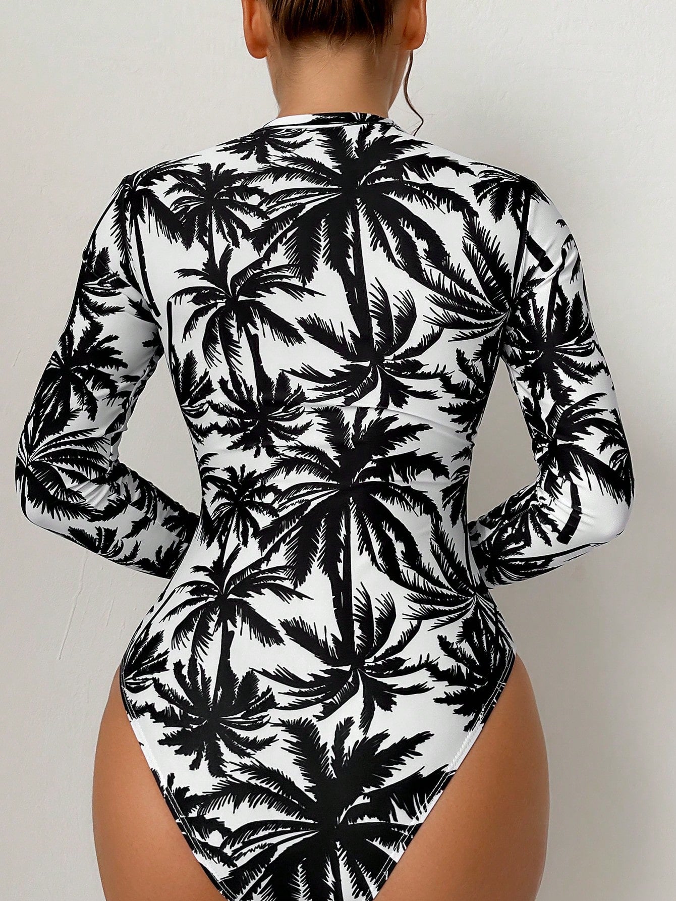 Palm Tree Print Zip Up One Piece Swimwear