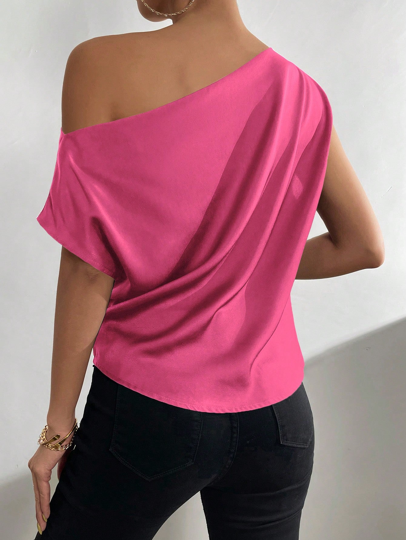 Asymmetrical Neck Ruched Blouse One Shoulder Top