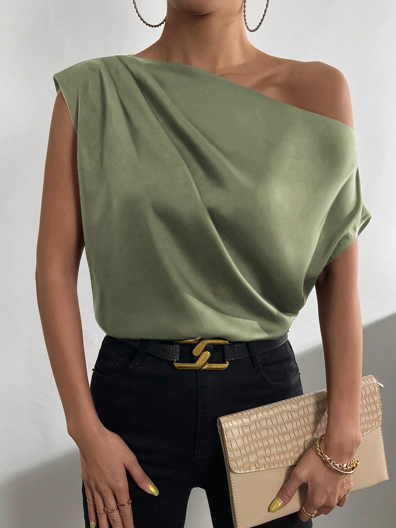 Asymmetrical Neck Ruched Blouse One Shoulder Top