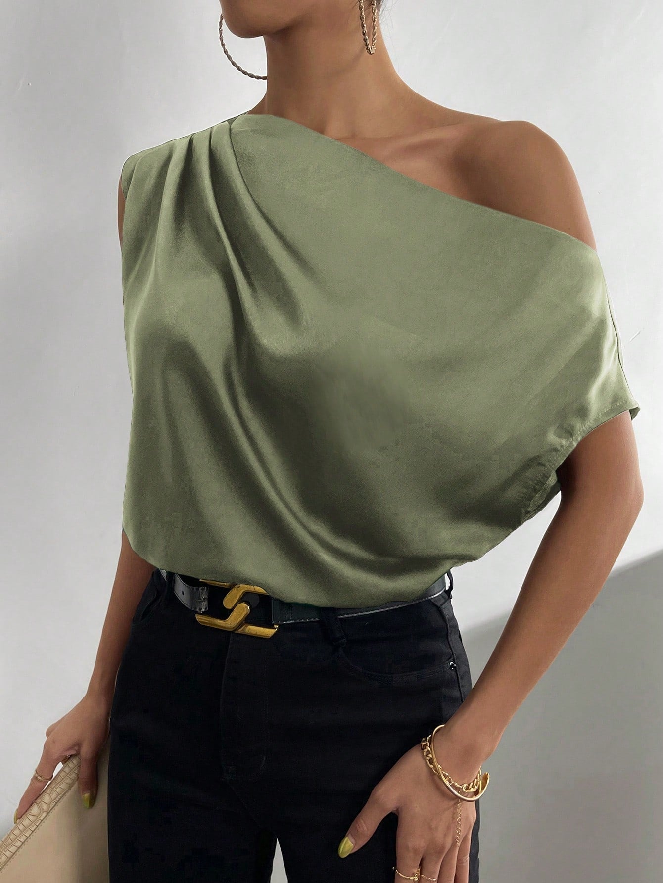 Asymmetrical Neck Ruched Blouse One Shoulder Top