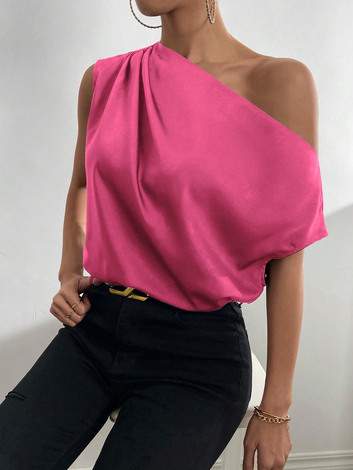 Asymmetrical Neck Ruched Blouse One Shoulder Top