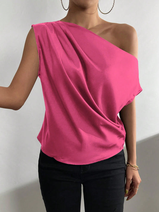 Asymmetrical Neck Ruched Blouse One Shoulder Top